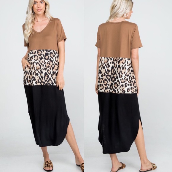 NEW Boutique Color Block Leopard Print Dress Plus - Picture 3 of 7